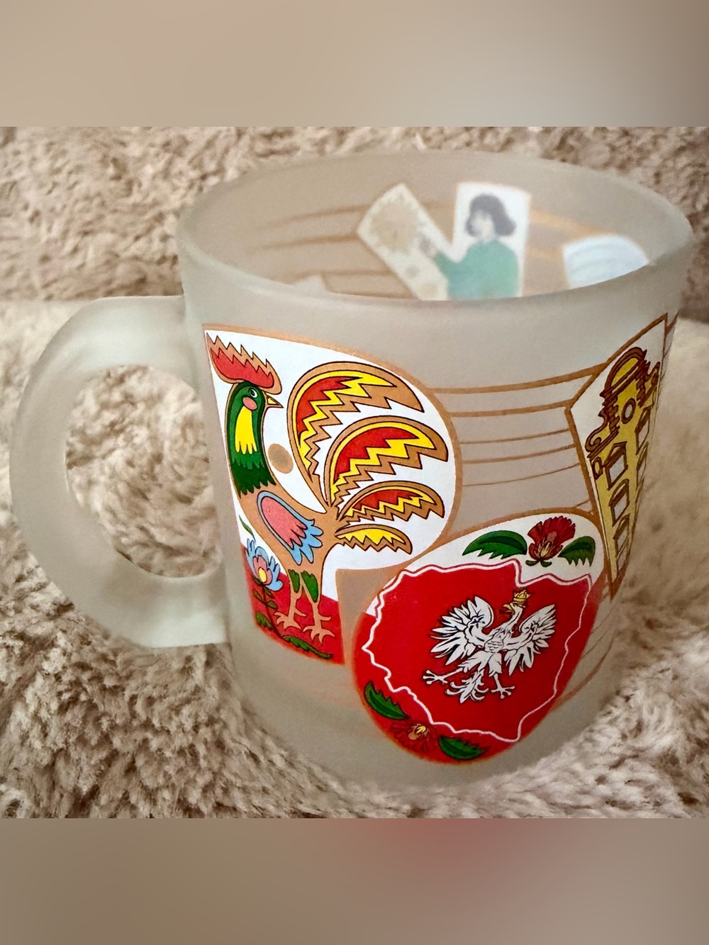 Vintage Polska Frosted Glass Mug Polish Eagle Crest Folk Art Souvenir